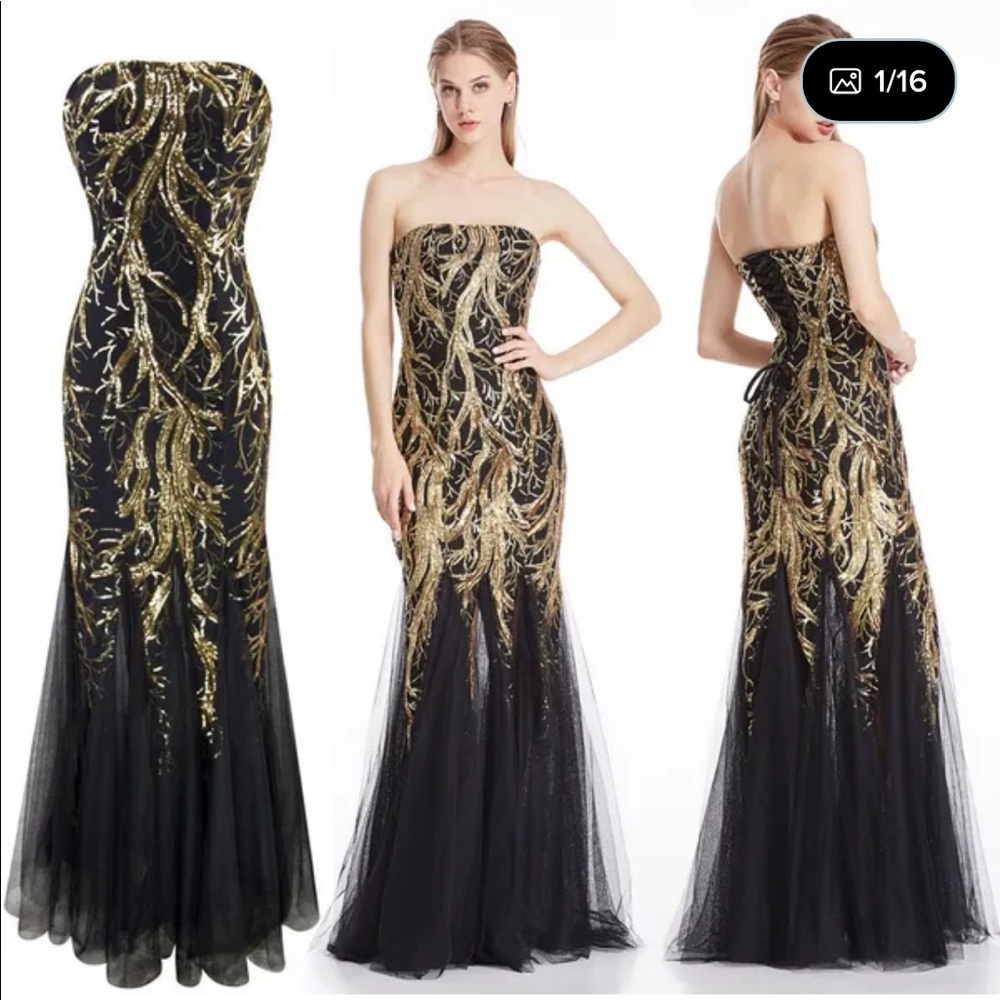 Black with gold sequin dress.
